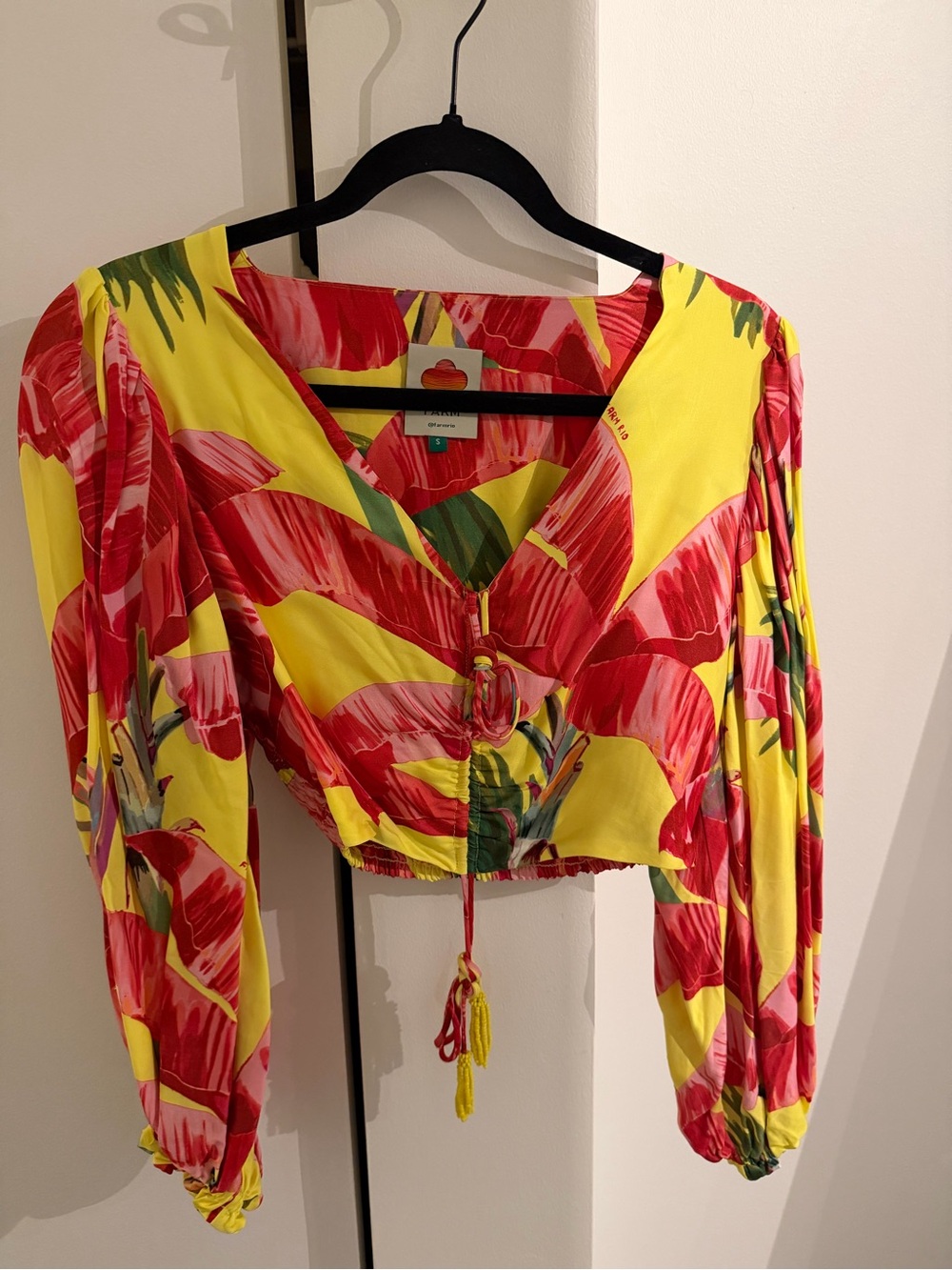 FARM Rio Yellow & Red Tropical Tie-Front Crop Top